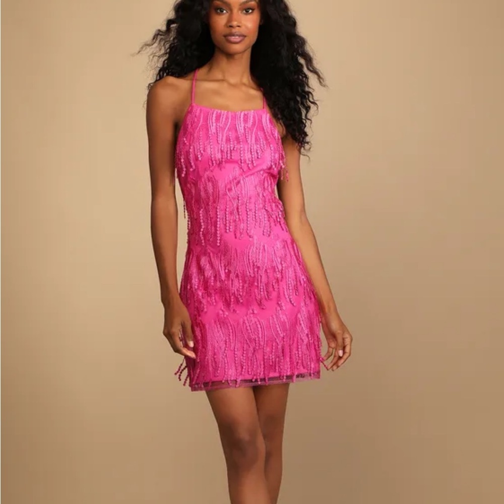A7 - 377 Lulus hot pink lace up fringe mini dress size medium NWT